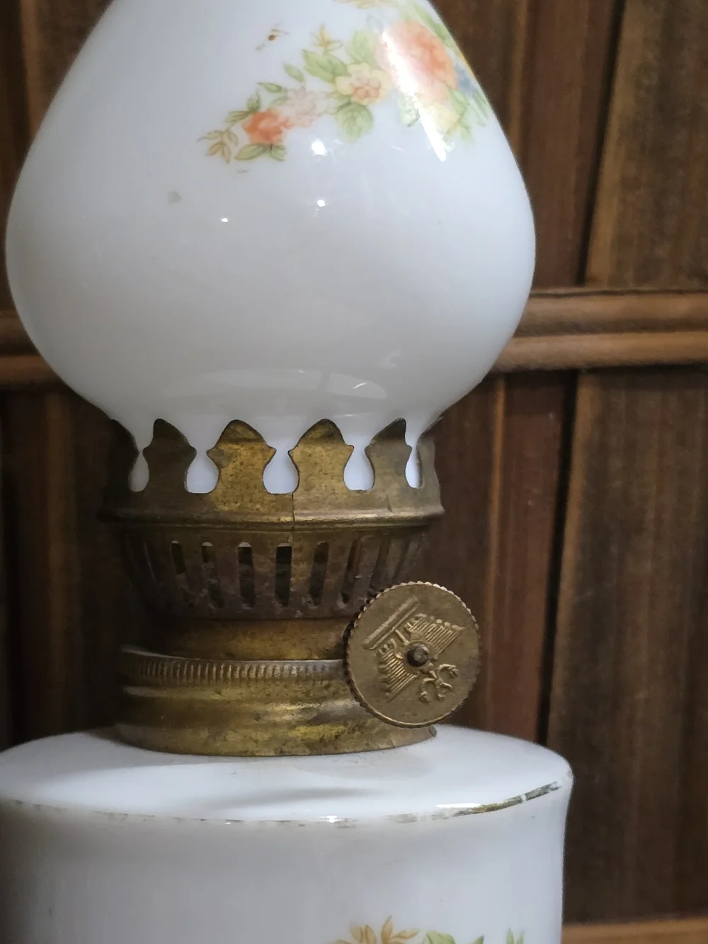 Vintage White Milk Glass Lantern with Orange and Green Floral Motif